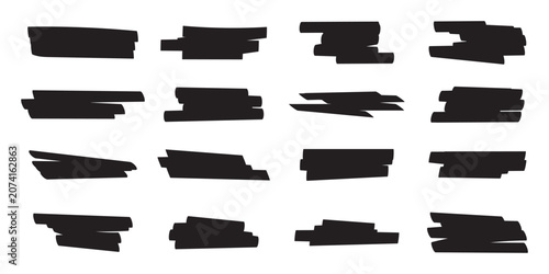 Black paint brush line strokes, hand-drawn highlights, text highlighter pen, marker, rough grunge thick paint texture background, sketched text boxes. Vector eps10.