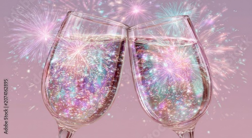 Toast with fireworks reflecting in glasses