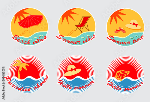 Stickers for a tropical summer vacation featuring beach landscapes, palm trees, ocean waves, beach accessories, and seashells. Vector illustrations for a diary and planner, isolated on a gray backgrou