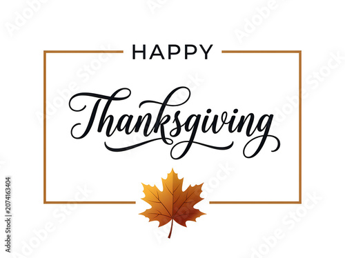 Elegant handwritten Happy Thanksgiving greeting card design featuring autumn leaf motif with warm golden frame and soft gradient background