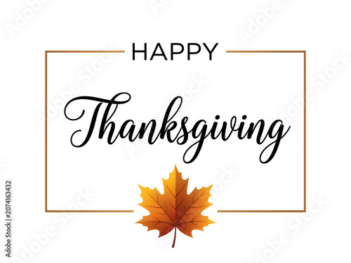 Vibrant autumnal Thanksgiving greeting card design featuring elegant cursive typography 'Happy Thanksgiving' with golden leaf accent in warm sepia-toned minimalist composition