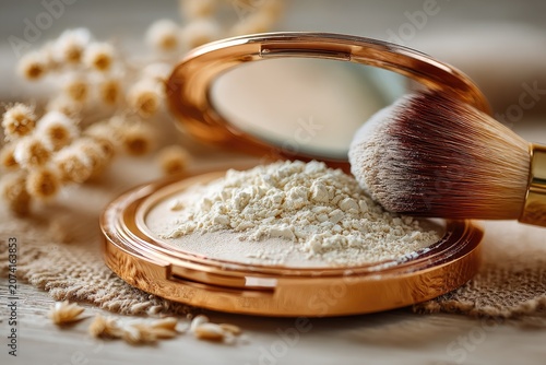 Open face powder with brush, muted light, soft focus