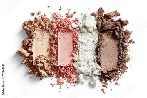Crumbled makeup powders in tan, pink, white, and brown