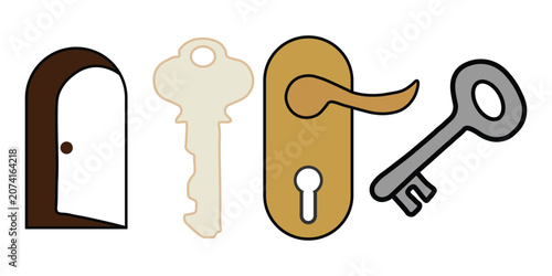 Security door hardware vector set, metal house keys and brass door handle icons, home access and locksmith service symbols on white background