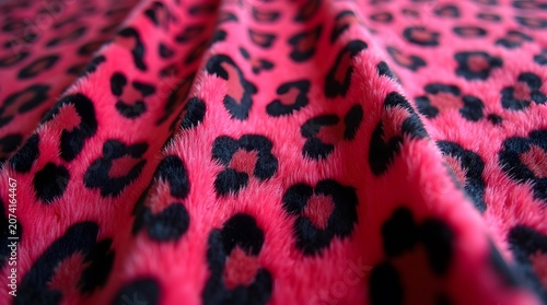 A close-up view of a vibrant pink fabric with a black leopard print pattern