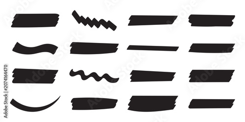 A various black highlighter strokes and essential graphic elements. Highlight underline lines for text highlighting and emphasis isolated on white background. Vector illustration. 