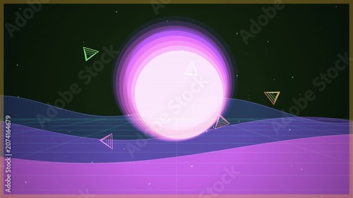 Abstract Retro Synthwave Landscape with Glowing Sun and Floating Triangles