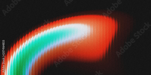 Fotografie Dark black textured backdrop with curved glowing light arc blending fiery red and mint cyan gradient grainy noise texture