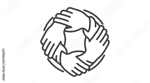 Four hands joined in a square teamwork symbol.