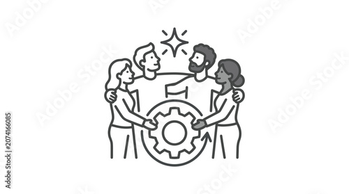 Four people working together to turn a large gear.