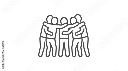 Friends standing together with arms around shoulders line art.
