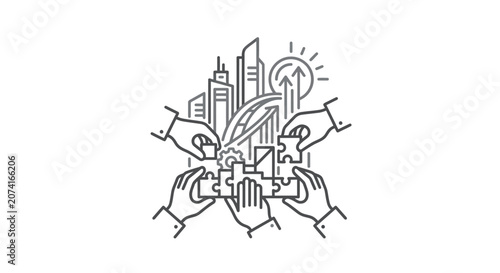 Hands assembling puzzle pieces over urban skyline