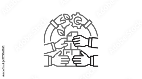 Hands stacking blocks with gear and leaf icons.