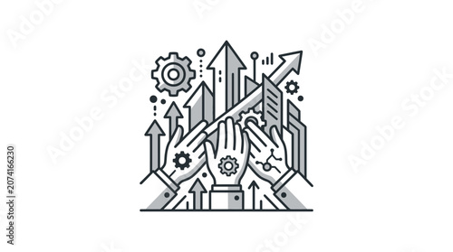 Hands with gears and business growth charts