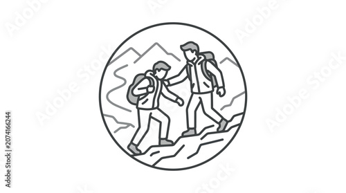 Hikers helping each other on path line art.