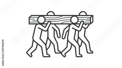 Industrial workers carrying large wooden beam in line.