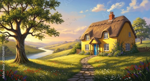 Idyllic Cottage in a Picturesque Landscape with Lush Greenery and Serene Atmosphere.