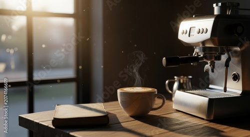 Morning Coffee Ritual - Espresso Machine and Steaming Cup on Wooden Table.
