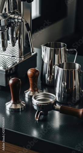 Professional Espresso Machine and Coffee Accessories on a Dark Countertop.