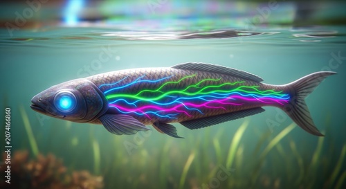 Vibrant Underwater Fish with Colorful Neon Lights Swimming in Clear Water.
