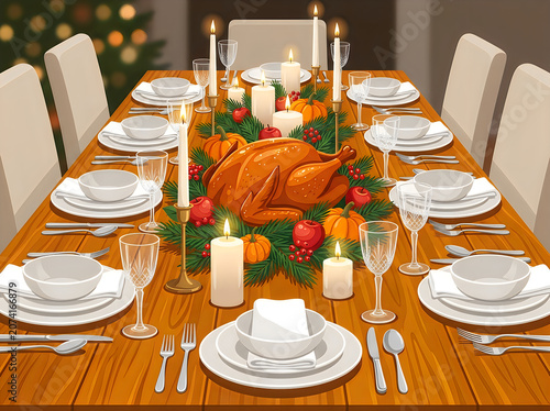 Vibrant holiday Thanksgiving dinner table featuring golden roasted turkey centerpiece surrounded by lit candles and festive greenery, warm autumnal lighting, cozy family-style composition