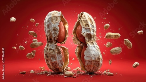 Split peanut in mid-air explosion on red