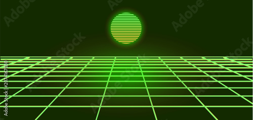 Retrowave Neon Grid Background with Copy Space – Green Synthwave Futuristic Horizon