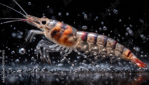 Close-up of a shrimp in water with bubbles