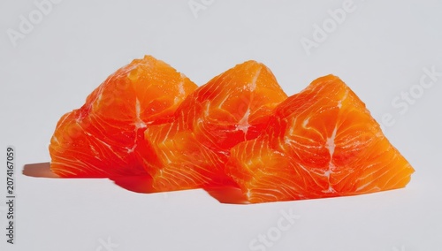 Three triangular pieces of orange-hued fish, sharply lit against a light gray background