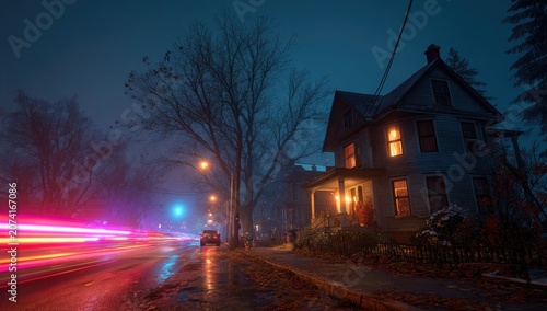 Foggy street at night, old house