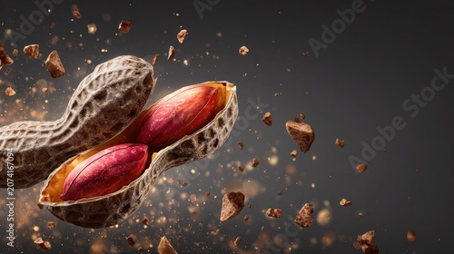Peanuts bursting from shell, with chocolate shards