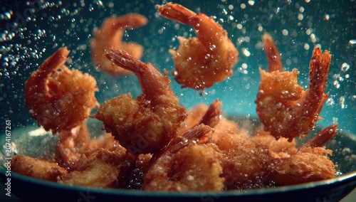 Crispy fried shrimp in a bowl, splashing with water