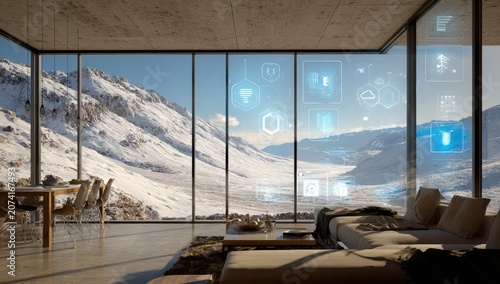 Modern smart home with panoramic mountain view.  Interactive icons overlay a large window wall