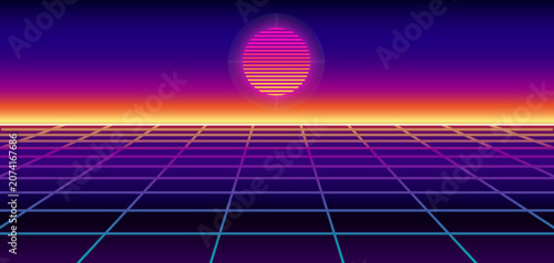 Retrowave Neon Grid Background with Retro Sunset – 1980s Synthwave Futuristic Horizon