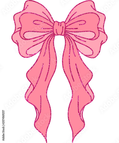 Shiny pink glitter bow illustration, elegant sparkly ribbon vector clip art on transparent background