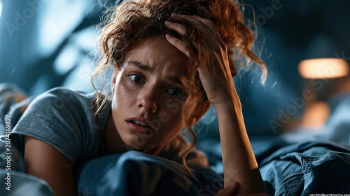 Medical video of a young woman lying awake in bed at night, with an anxious expression, messy hair, and moonlight streaming through the window.