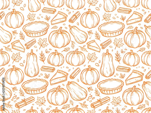 Vibrant autumn harvest illustration featuring pumpkins squash gourds and maple leaves in warm sepia-toned line art pattern with soft diffused lighting