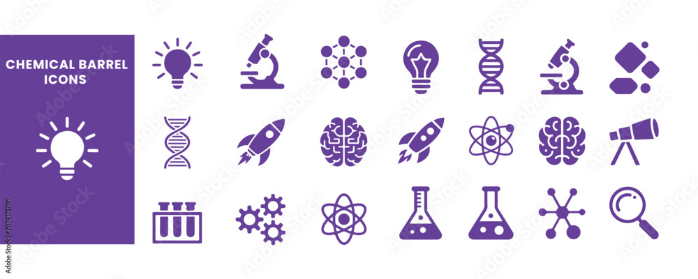 Fototapeta premium Science Chemical Icon Set Vector Glyph Symbols for Lab Research Education App