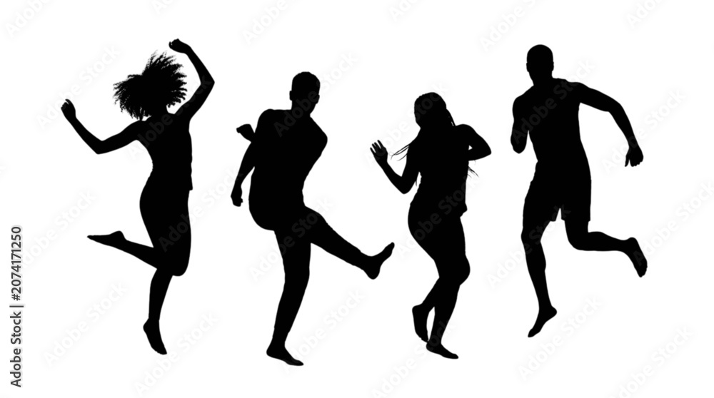 Fototapeta premium Four people dancing and running silhouette style