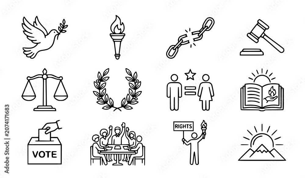 Fototapeta premium Freedom and justice outline icon collection vector illustration