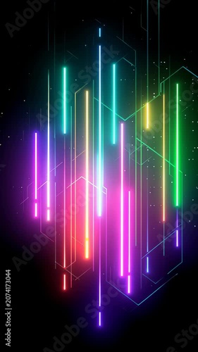 Futuristic vertical neon light bars moving on tech circuit background, colorful spectrum loop