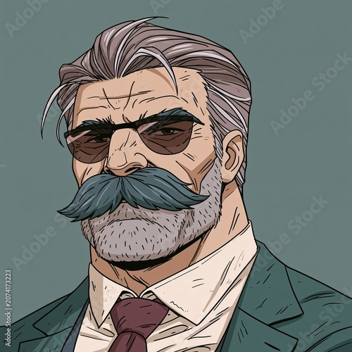Illustration of a distinguished older man with a mustache and sunglasses