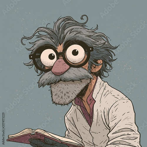 Eccentric scientist with wild hair and glasses reads a book