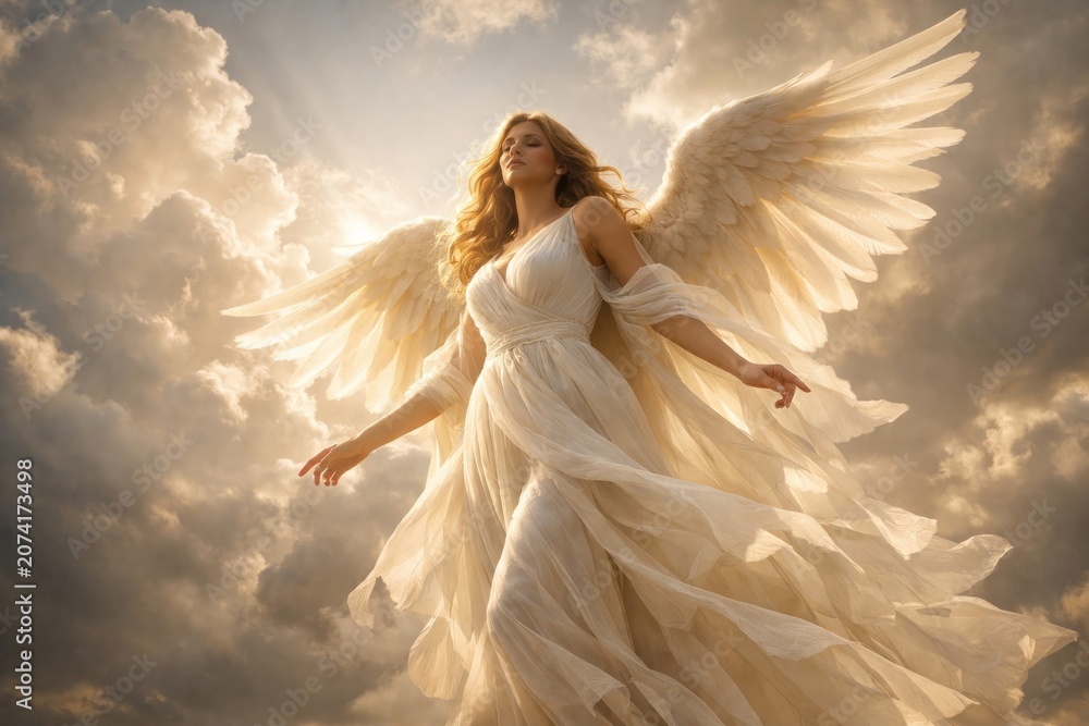 Obraz premium Ethereal angel amidst heavenly clouds.