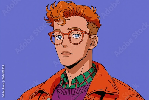 Animated young man with ginger hair and glasses, wearing a jacket and plaid shirt