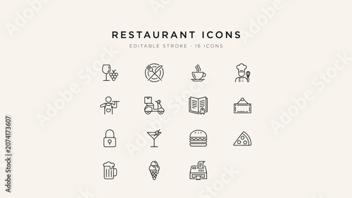 Minimalist restaurant food and service icons set with wine glass, chef, coffee cup, and more . Vector Flat Illustration.