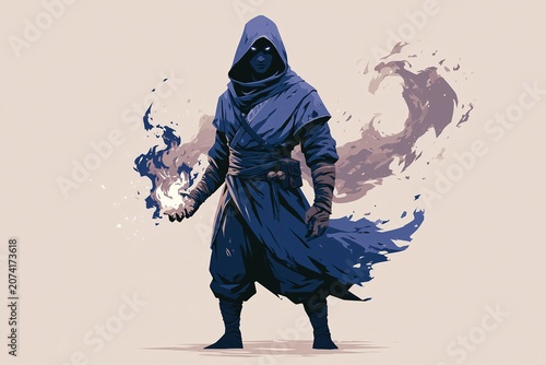 Mysterious hooded figure conjures dark energy with glowing hands