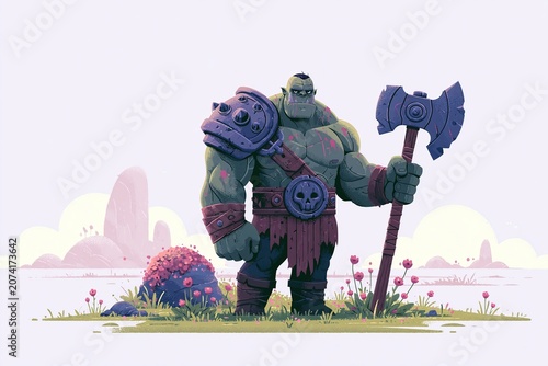 Pixel art orc warrior with axe standing in a field of flowers