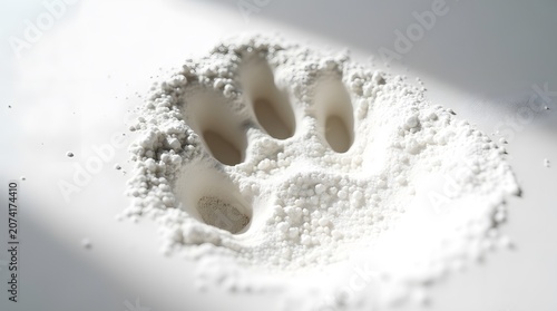 A paw print in white powder on a clean surface