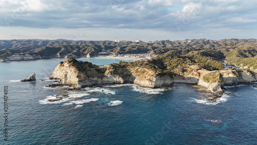 Aerial View of Ubara Risokyo and Rugged Pacific Coastline in Chiba, Japan